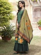 Jyoti Fashion Women's Green Velvet Floral Digital Printed Kurta with Trouser & Dupatta | Grocsy