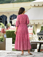Juniper Women's Onion Pink Ethnic Motif Printed Georgette Gathers Maxi Dress With Sequins & Doris | Grocsy