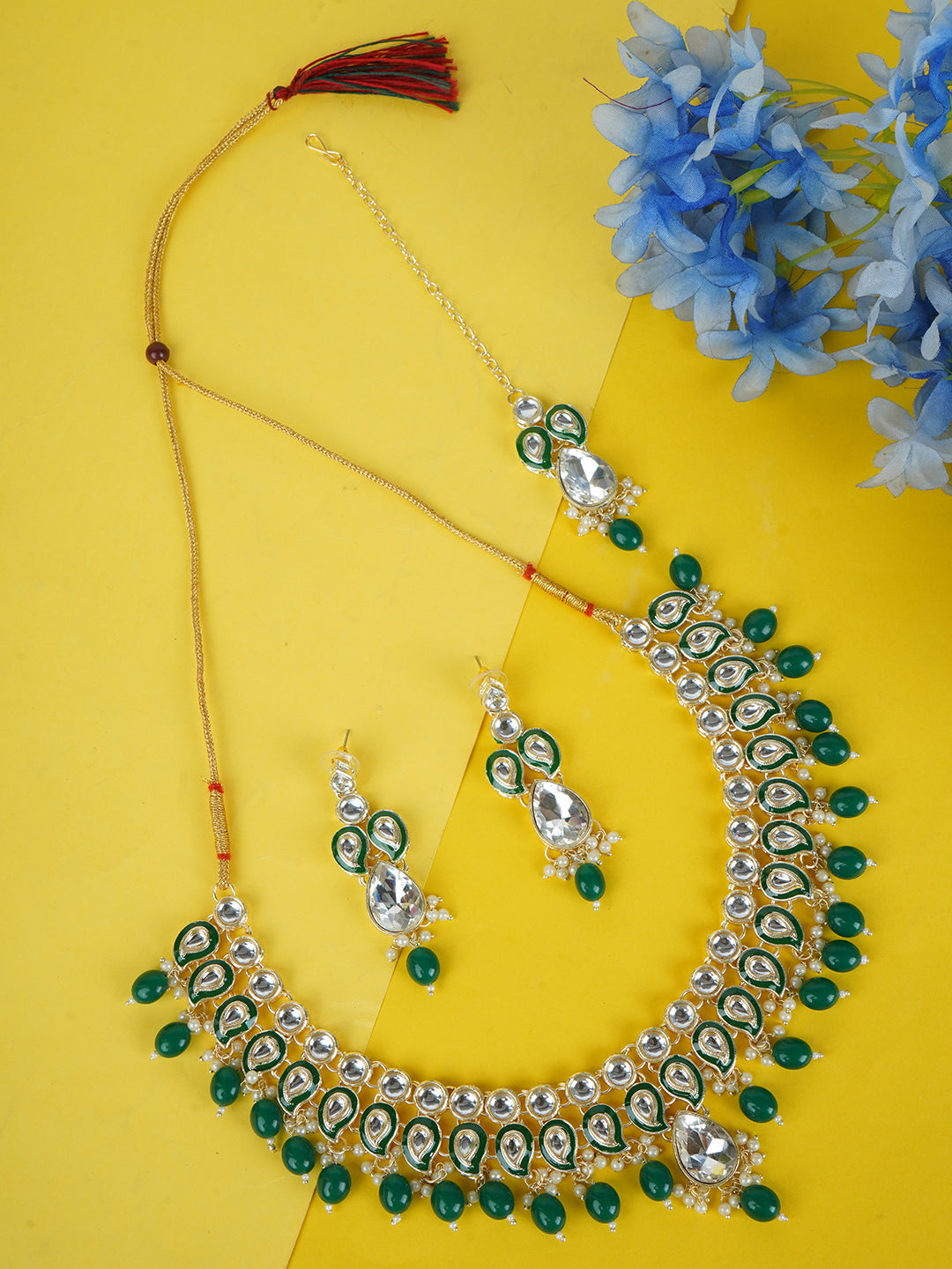 Divisha Alloy Gold-plated Green Jewellery Set | Grocsy