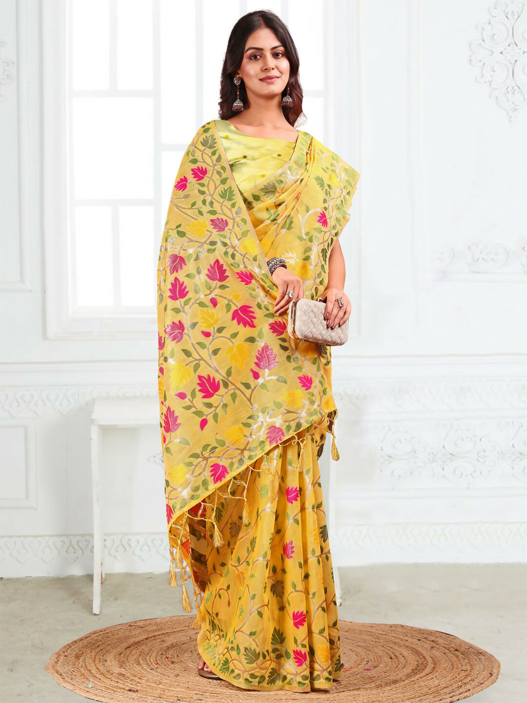 Shree Shyam Fashion Linen Cotton Yellow Saree | Grocsy