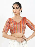 Joban Fashion Orange Multi Brocade Padded Blouse With V Neck Elbow Sleeves | Grocsy