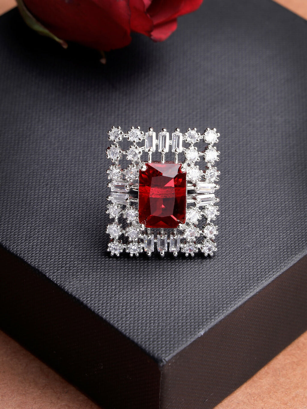 NVR Women's Red & Silver CZ-Studded Square-Shaped Adjustable Finger Ring | Grocsy