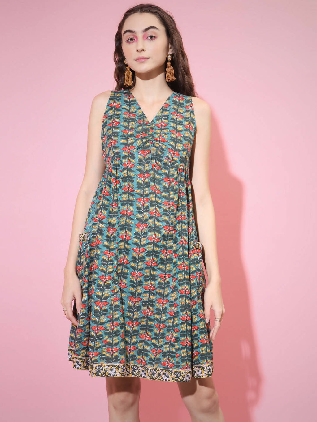 Myshka Women's Green Floral Printed A-Line Dress | Grocsy