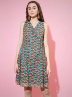 Myshka Women's Green Floral Printed A-Line Dress | Grocsy