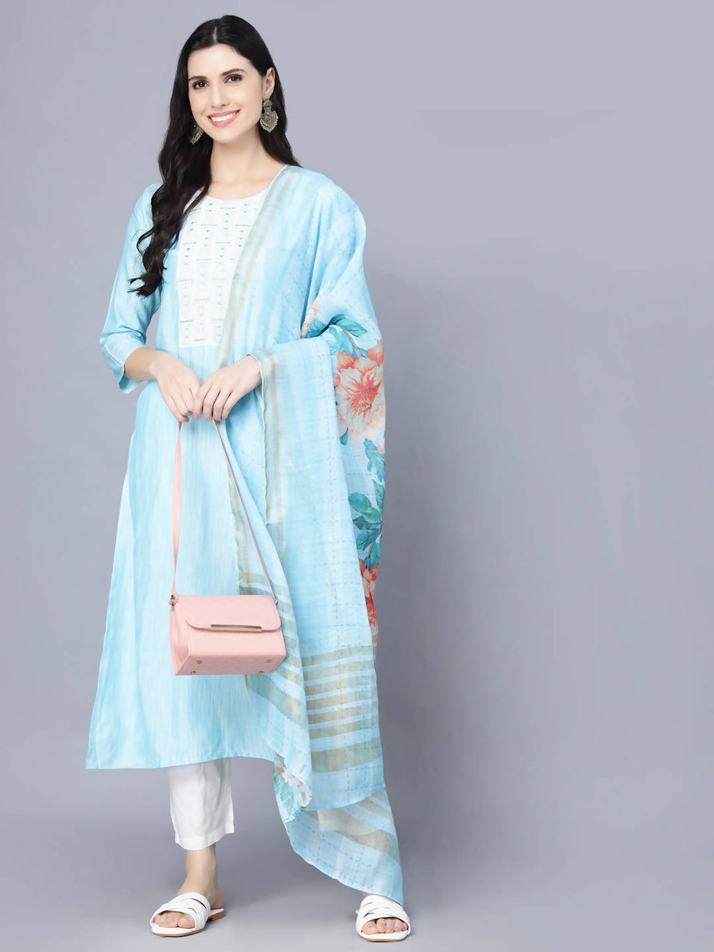 Myshka Women Turquoise Blue Panelled Pure Cotton Kurta with Trousers With Dupatta | Grocsy