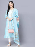 Myshka Women Turquoise Blue Panelled Pure Cotton Kurta with Trousers With Dupatta | Grocsy
