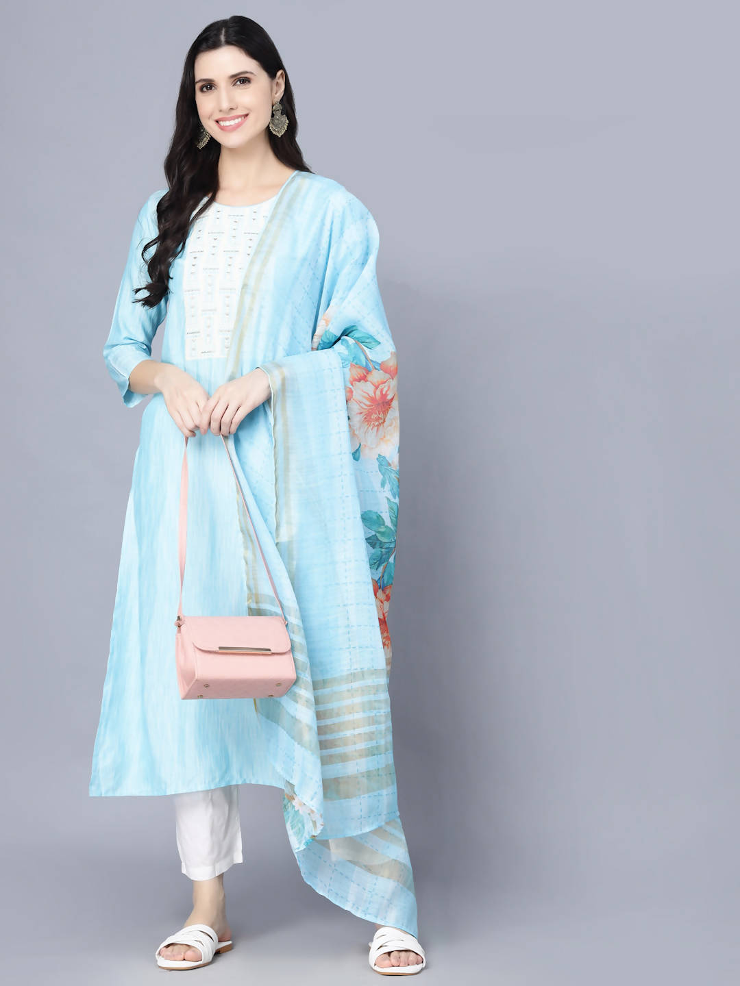 Myshka Women Turquoise Blue Panelled Pure Cotton Kurta with Trousers With Dupatta | Grocsy