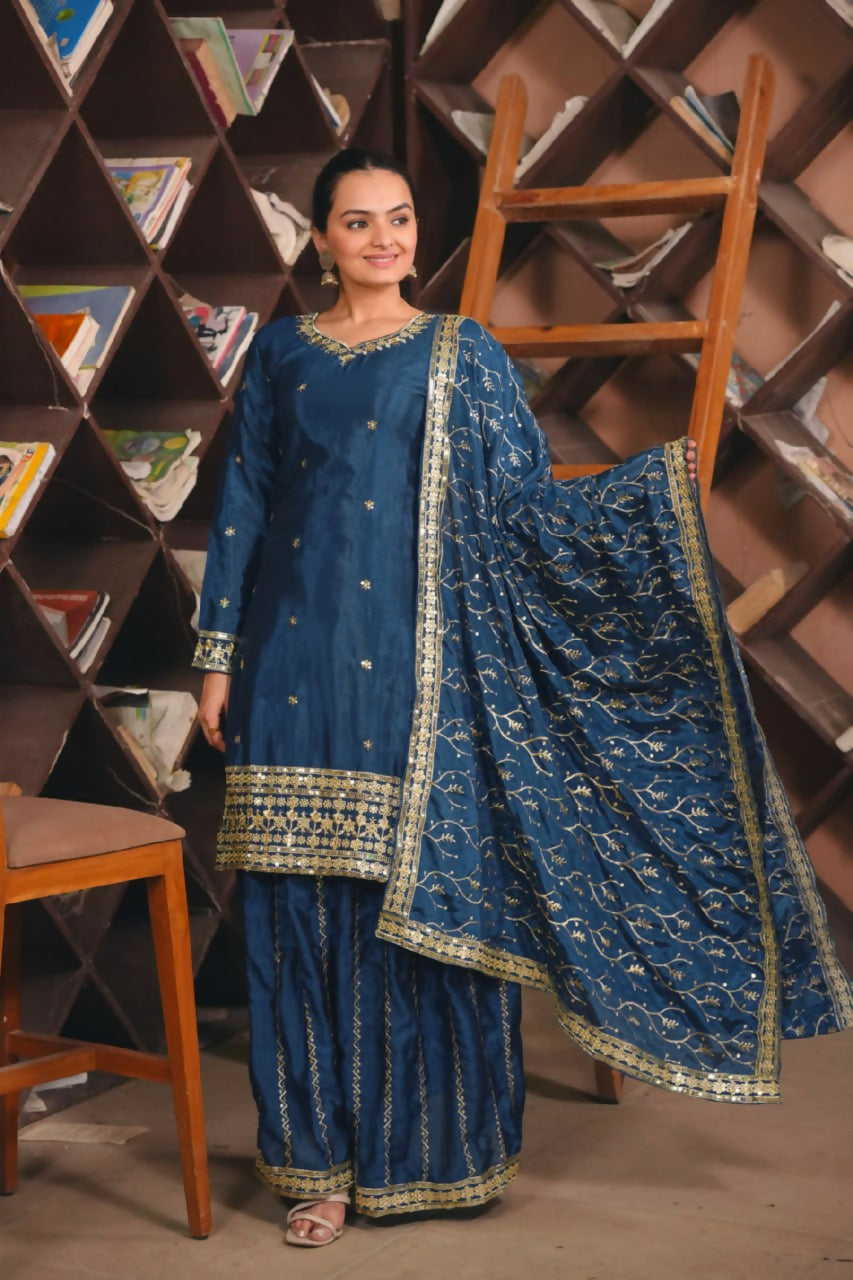 Teeya Creation Blue Color Chinon Silk Wedding Wear Trending Palazzo Set | Grocsy