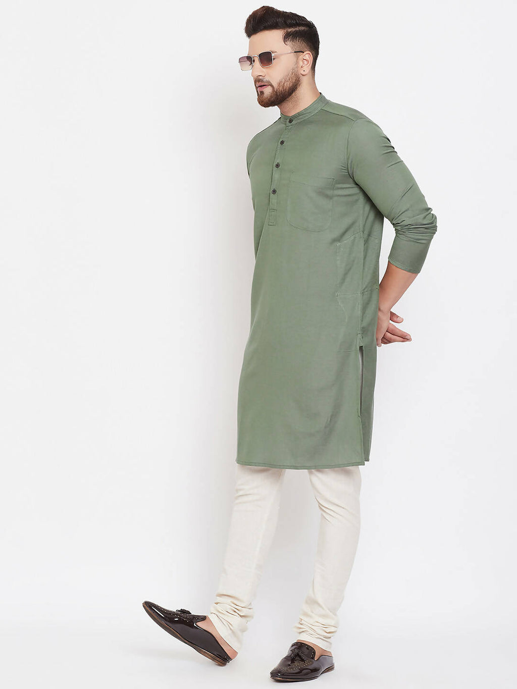 Even Apparels Green Color Linen Linen Men's Kurta With Band Collar | Grocsy