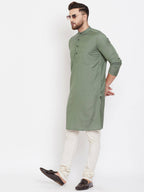 Even Apparels Green Color Linen Linen Men's Kurta With Band Collar | Grocsy