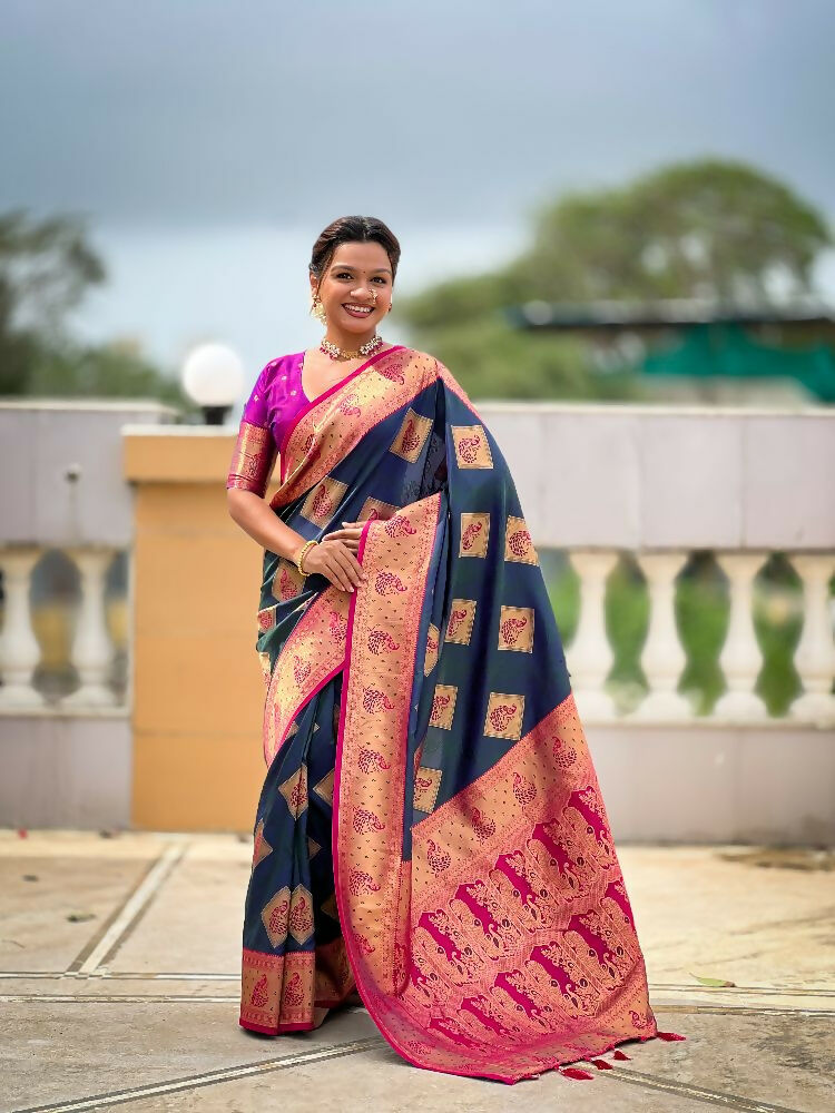 PR Fashion Morpich Soft Banarasi Silk With Zari Weaving Meenakari Design Saree | Grocsy