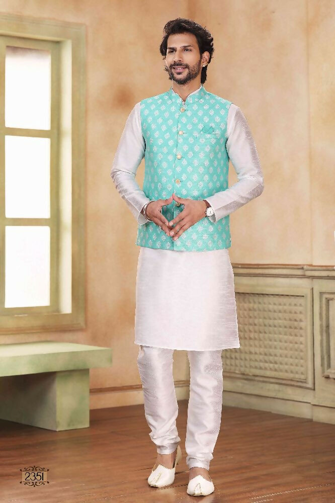 Raivat Ethnic Jacquard Banarasi Silk Woven Work 3 Pics Jacket Set In Sky Blue Colour | Grocsy