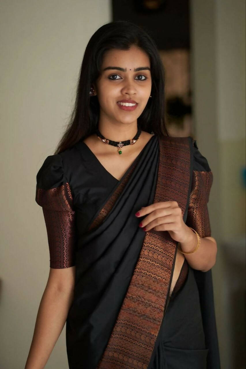 DEIANA'S Beautiful Designer Golden zari Soft Lichi Silk Saree - Black | Grocsy