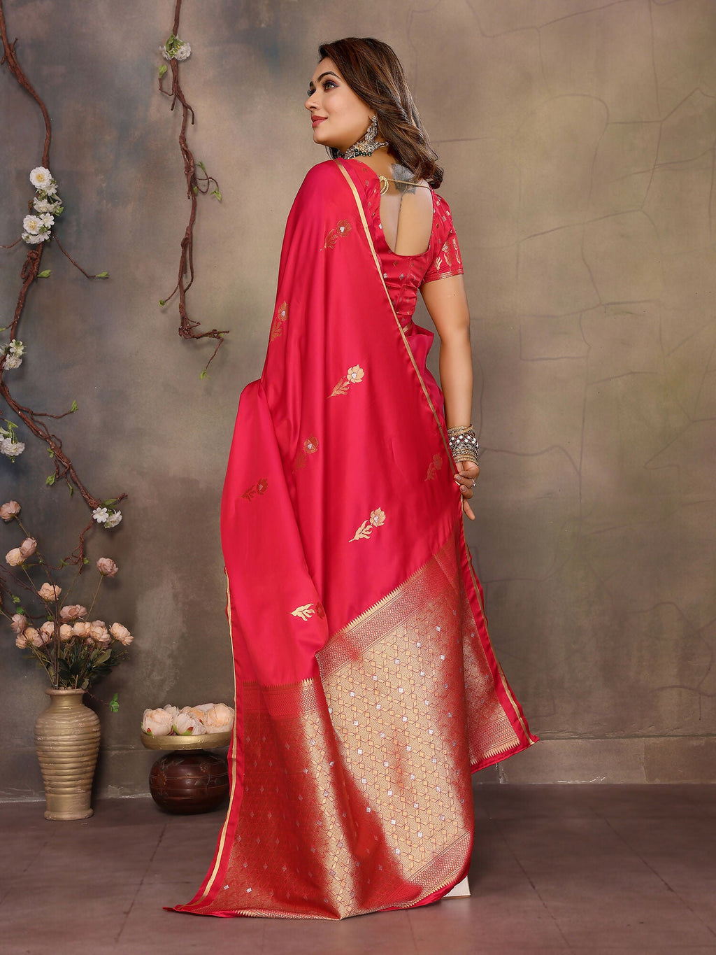 Joban Fashion  Brick Red Floral & Botanical Motifs Satin Silk Banarasi Silk Saree | Grocsy