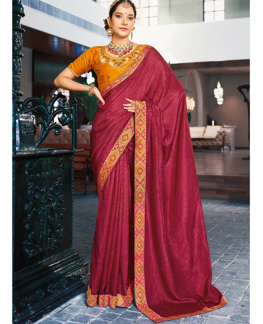 Maroon Solid Vichitra Saree With Unstitched Blouse Piece - Selena | Grocsy