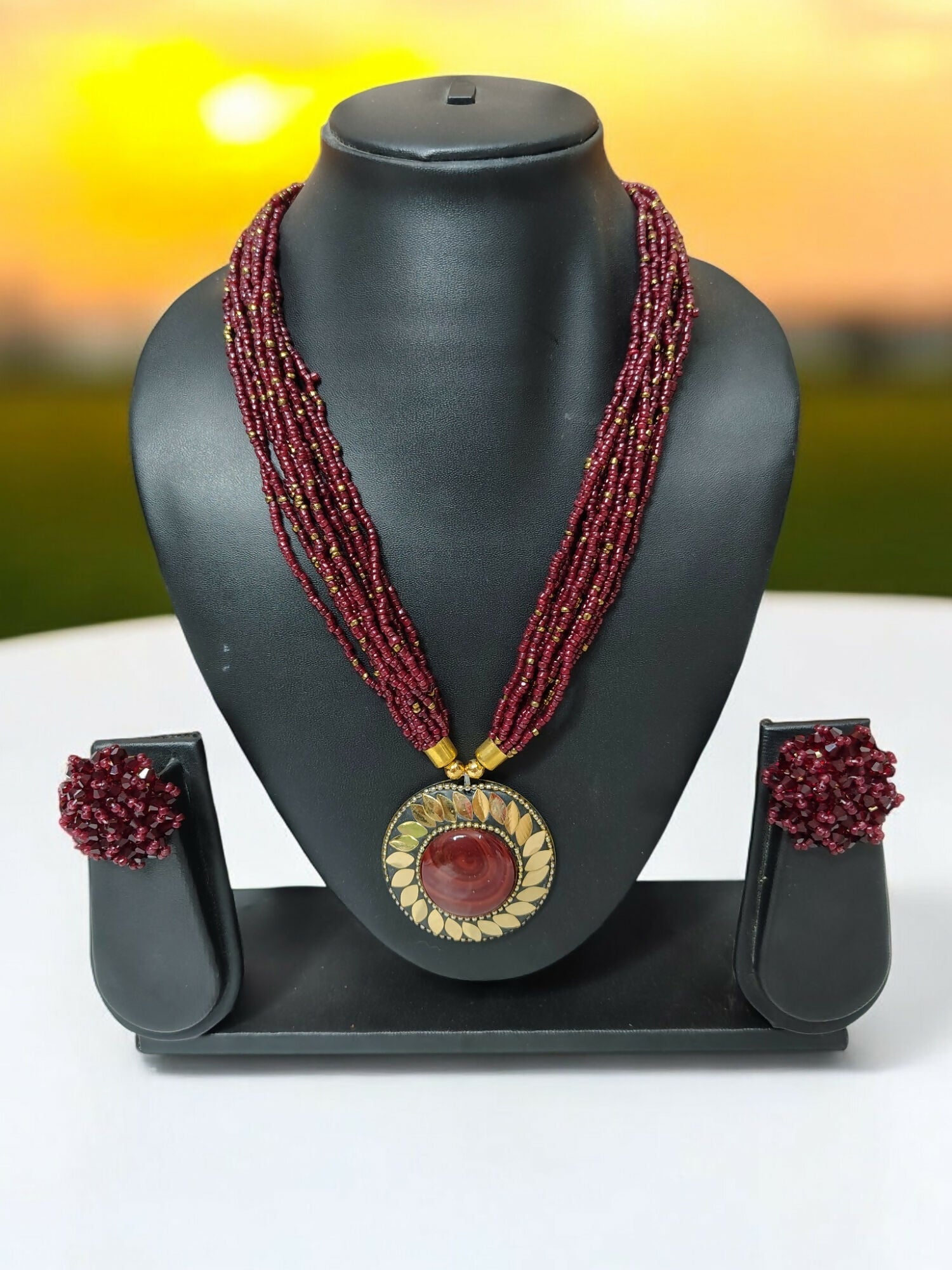 Inhanns All-Day Statement Beaded Necklace Set - Maroon | Grocsy