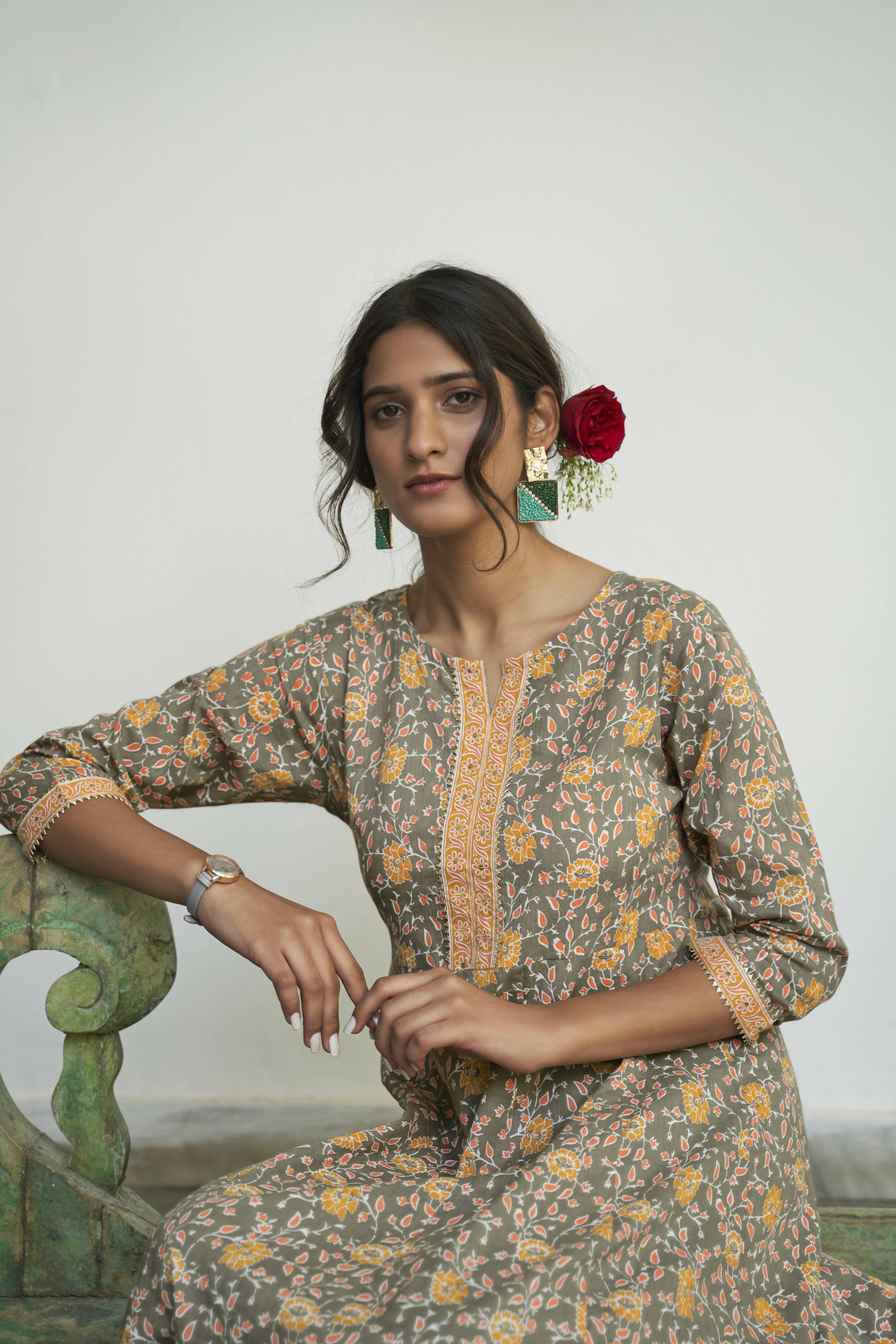 Grey Cotton Floral Printed A line Kurta - Prasuti | Grocsy