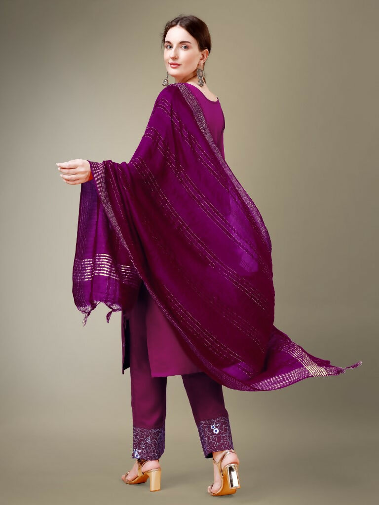 Jyoti Fashion Women's Purple Cotton Blend Embroidery & Fancy Lace work Kurta with Trouser & Dupatta | Grocsy