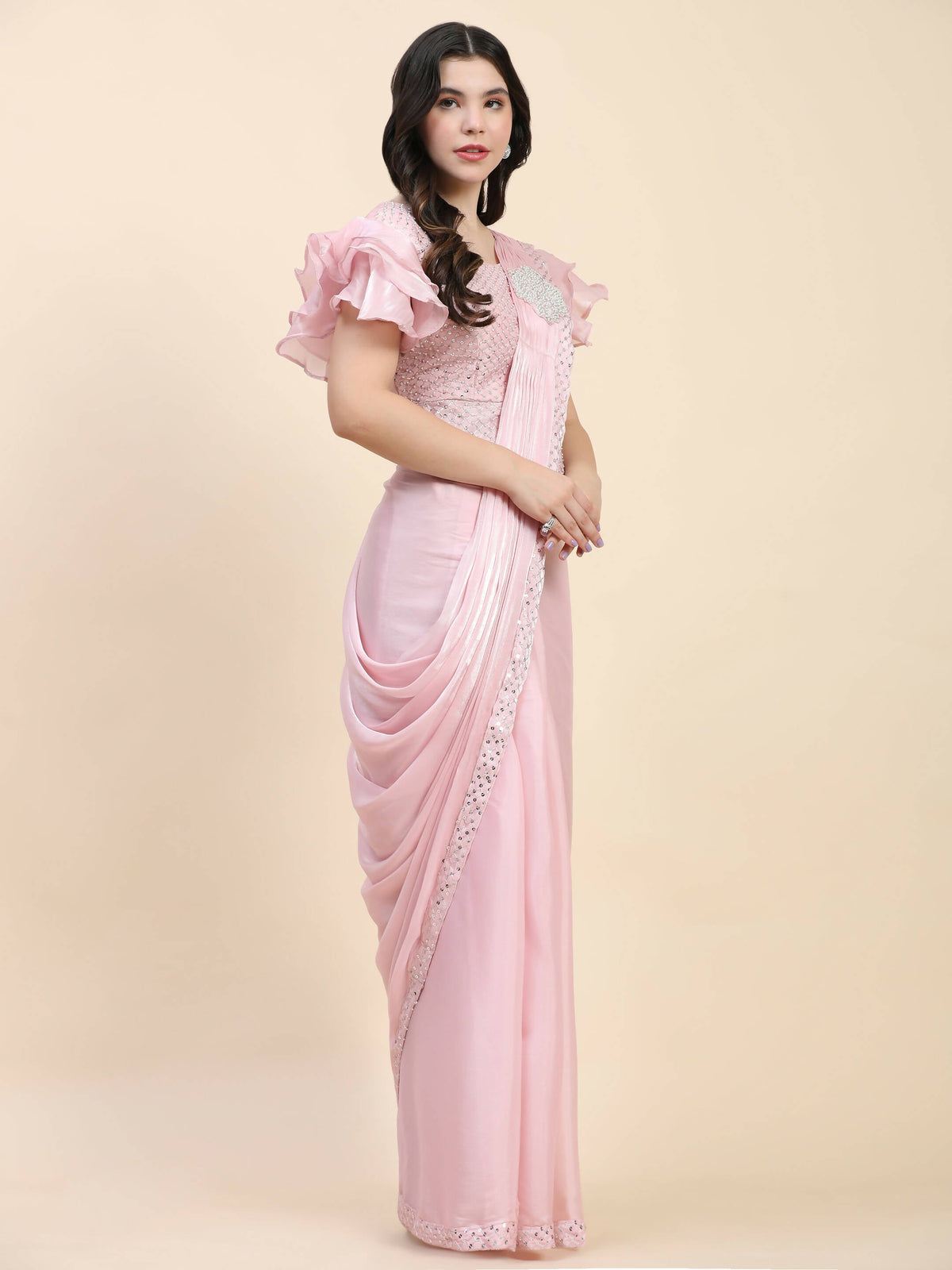Pink Silk Satin Sequence Work Ready to Wear Saree with stitched Blouse - Nirvana | Grocsy