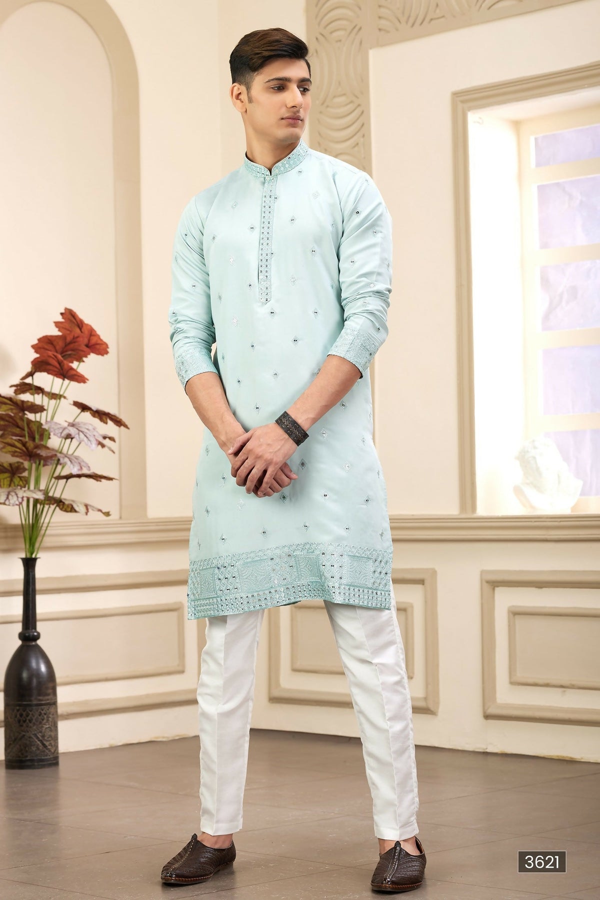 Raivat Ethnic Men's Art Silk Thread Work Kurta Pyjama In Pista Green Colour | Grocsy
