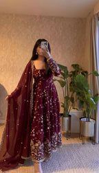 Teeya Creation Maroon Color Faux Georgette Long Party Wear Gown | Grocsy
