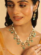 Nuyug 22K Gold Plated Pearl Empress Flora Green Stone Drops Necklace Set | Grocsy