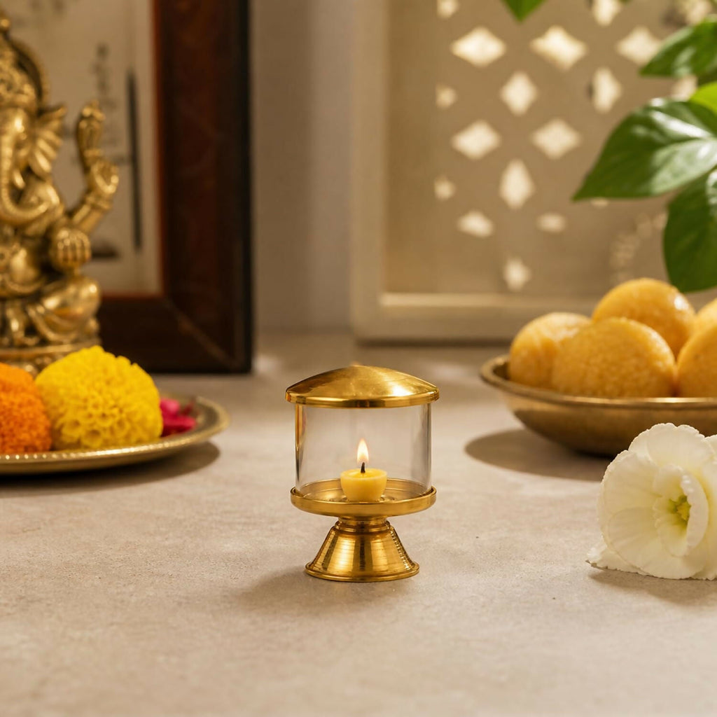Not Available Pure Brass Ghee Diya for Puja with Glass Cover | Grocsy