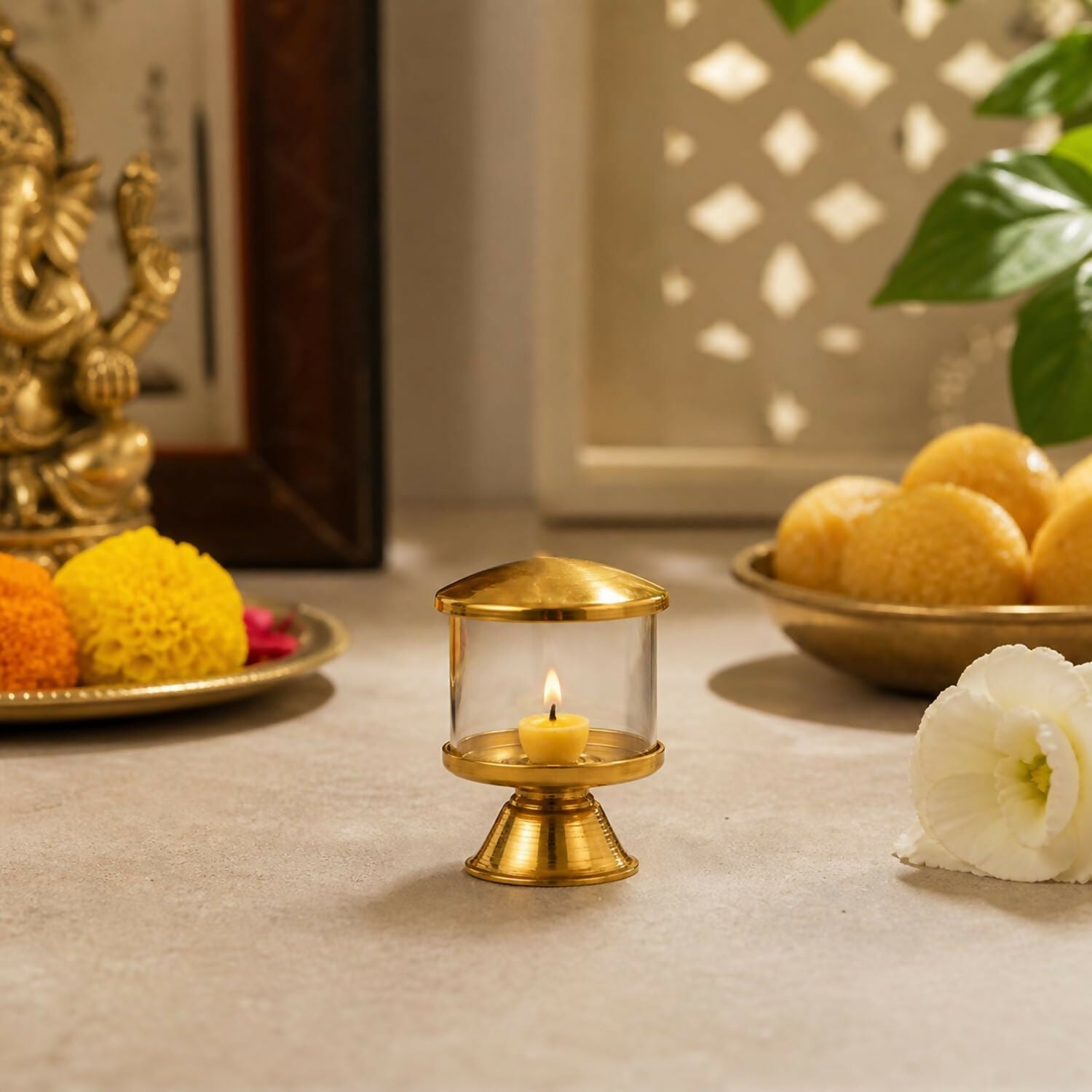 Not Available Pure Brass Ghee Diya for Puja with Glass Cover | Grocsy