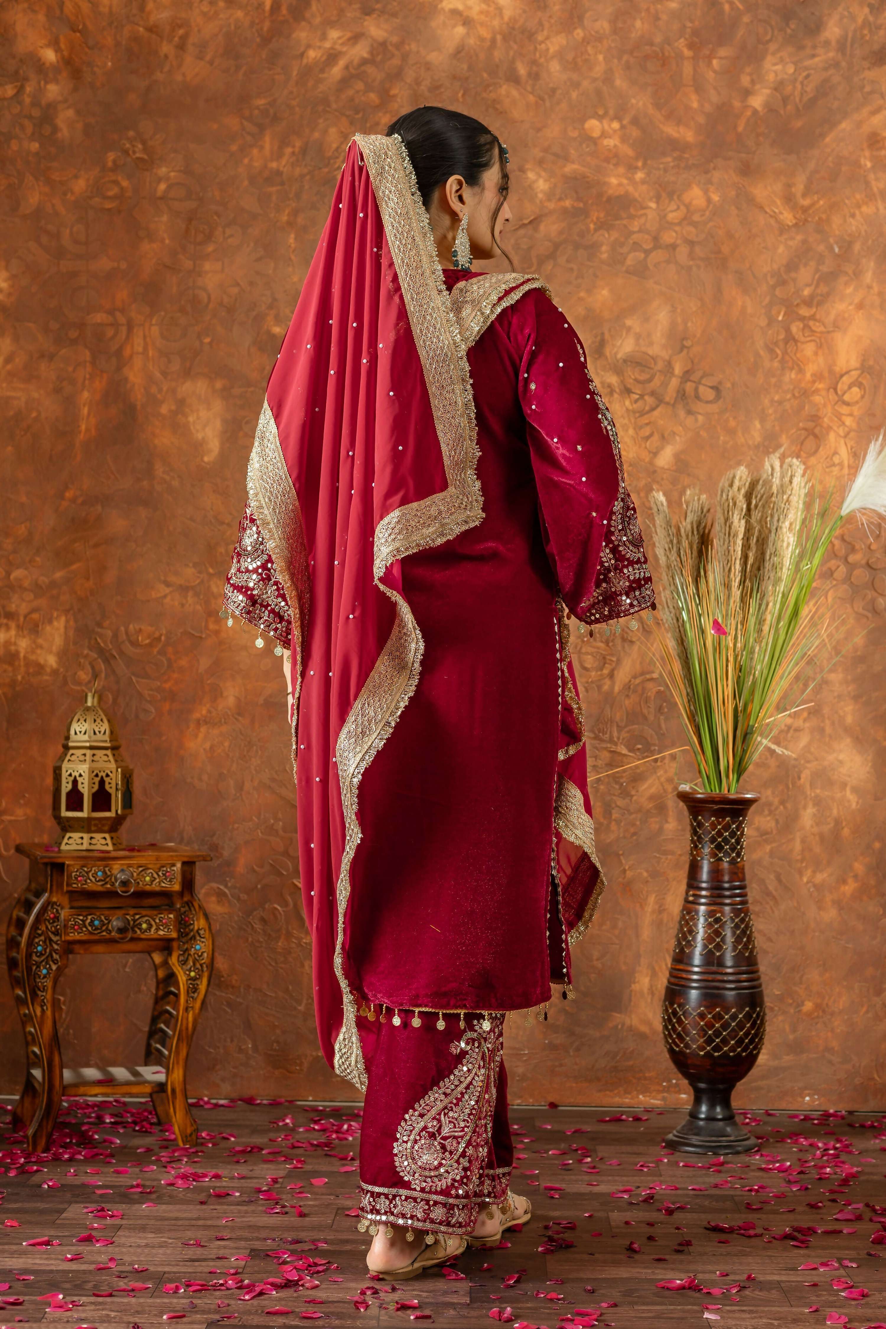 Teeya Creation Red Color Velvet Silk Embroidery Work Party Wear Suit | Grocsy