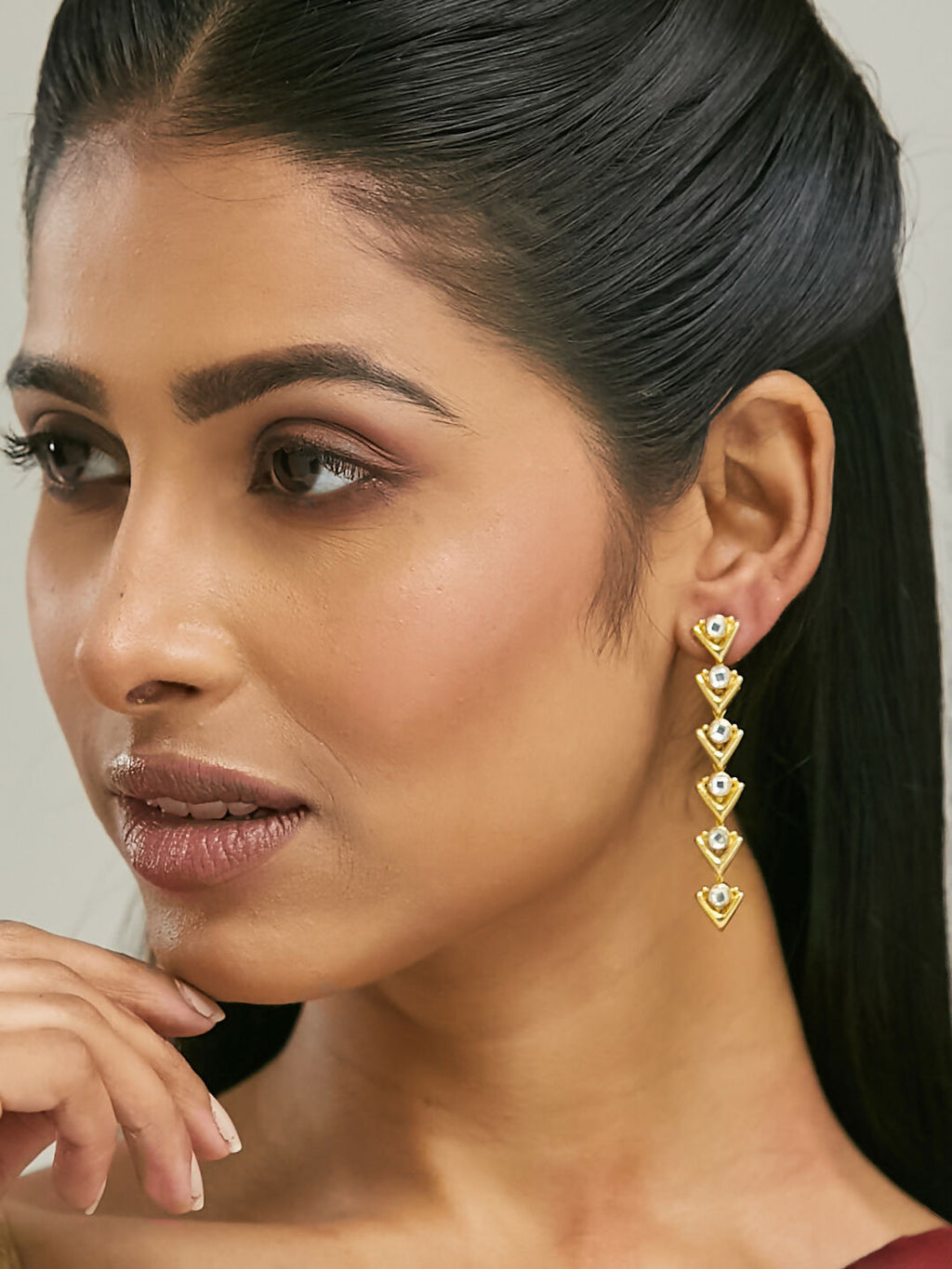 Nuyug 18K Gold-Plated Crystal Stone Studded Triangular Drop Sleek Earrings | Grocsy