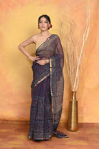 Very Much Indian Pure Kota Cotton Handblock Printed Saree - Dark Blue | Grocsy