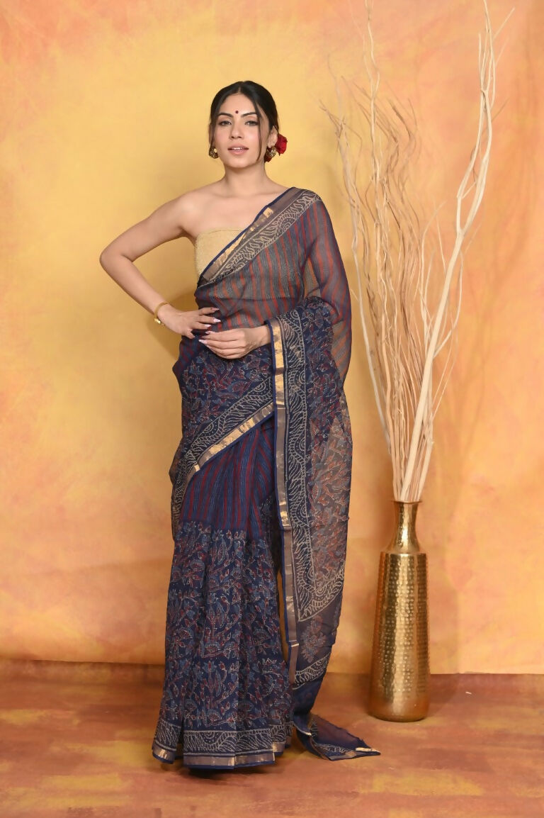Very Much Indian Pure Kota Cotton Handblock Printed Saree - Dark Blue | Grocsy