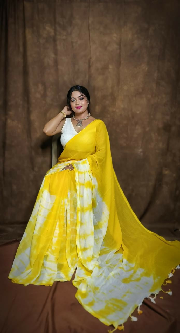 Exclusive Collection Yellow White Beautiful Super Soft Most Comfortable Pure Mul Cotton Saree | Grocsy