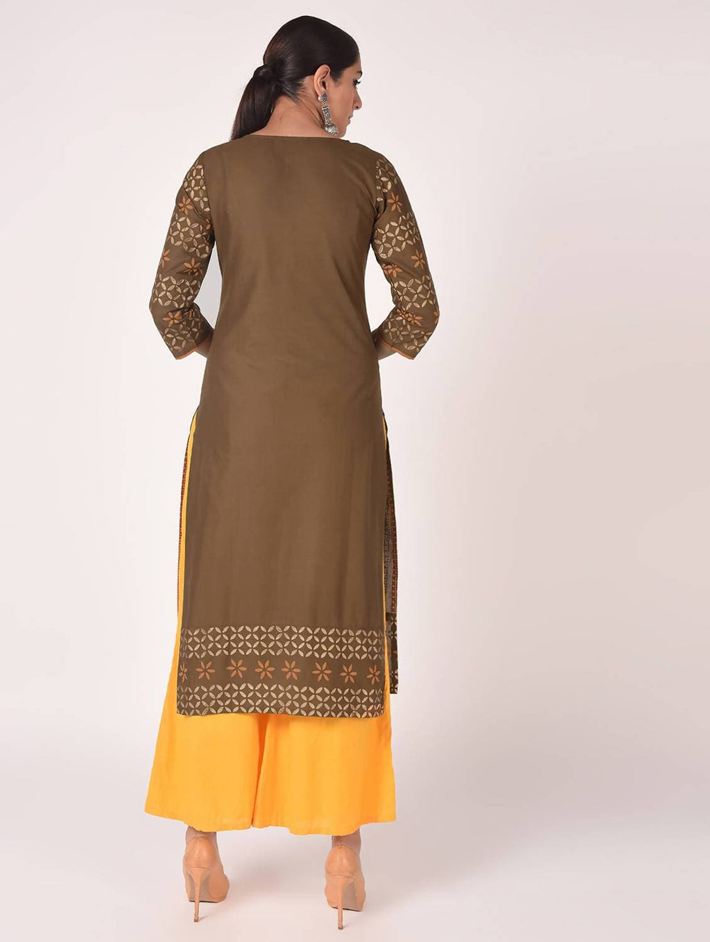 Cheera Hand Block Print Earth Brown Straight Kurta (MAAI-060K) | Grocsy