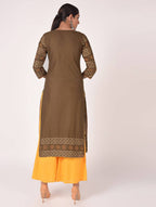 Cheera Hand Block Print Earth Brown Straight Kurta (MAAI-060K) | Grocsy