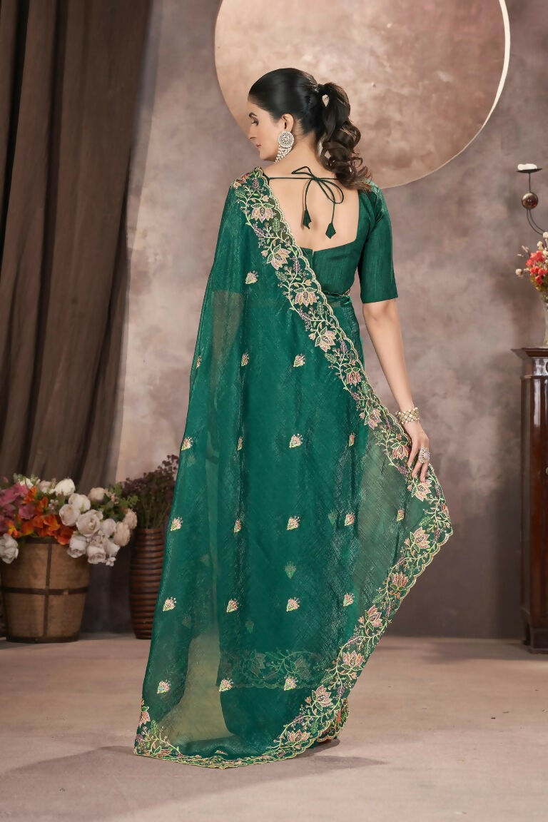 Vastranavya Gold Crunchy Multi Colour Threads Embroidery Work with Sequins Work Saree with Blouse material - Green | Grocsy