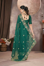 Vastranavya Gold Crunchy Multi Colour Threads Embroidery Work with Sequins Work Saree with Blouse material - Green | Grocsy
