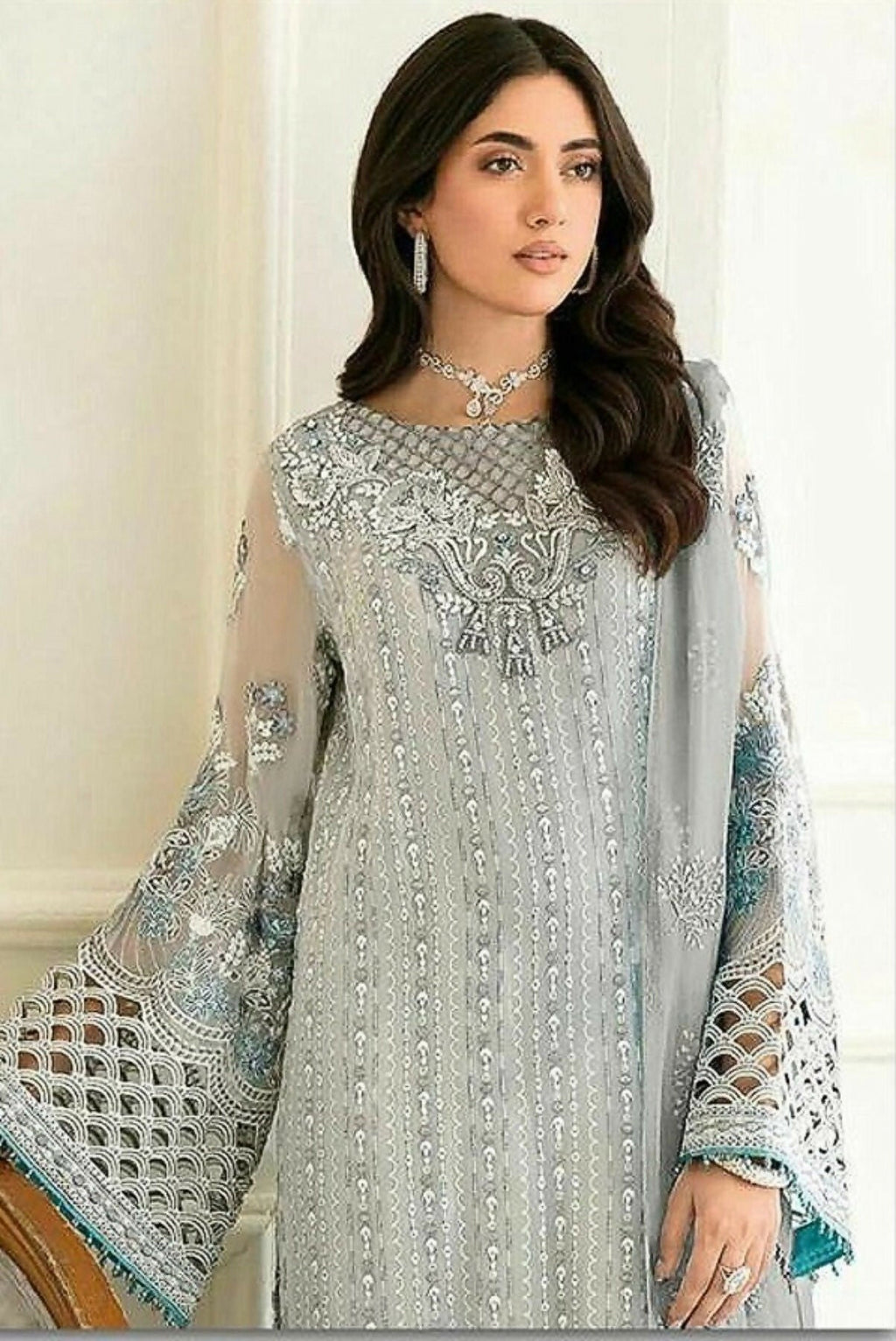 Anaita Sky Blue Fox Georgette Stitched Suit with Embroidery Sequence Work & Khatli Work | Grocsy