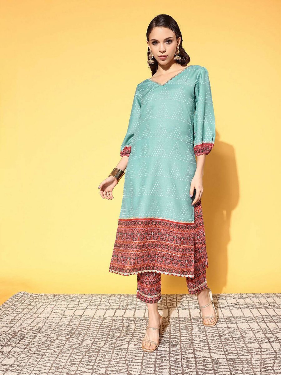 Ahalyaa Women's Teal Cotton Blend Digital Printed Kurta Pant Set | Grocsy