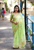 Green Pure Linen Ethnic Motifs Saree with Unstitched Blouse - A2M | Grocsy
