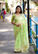 Green Pure Linen Ethnic Motifs Saree with Unstitched Blouse - A2M | Grocsy