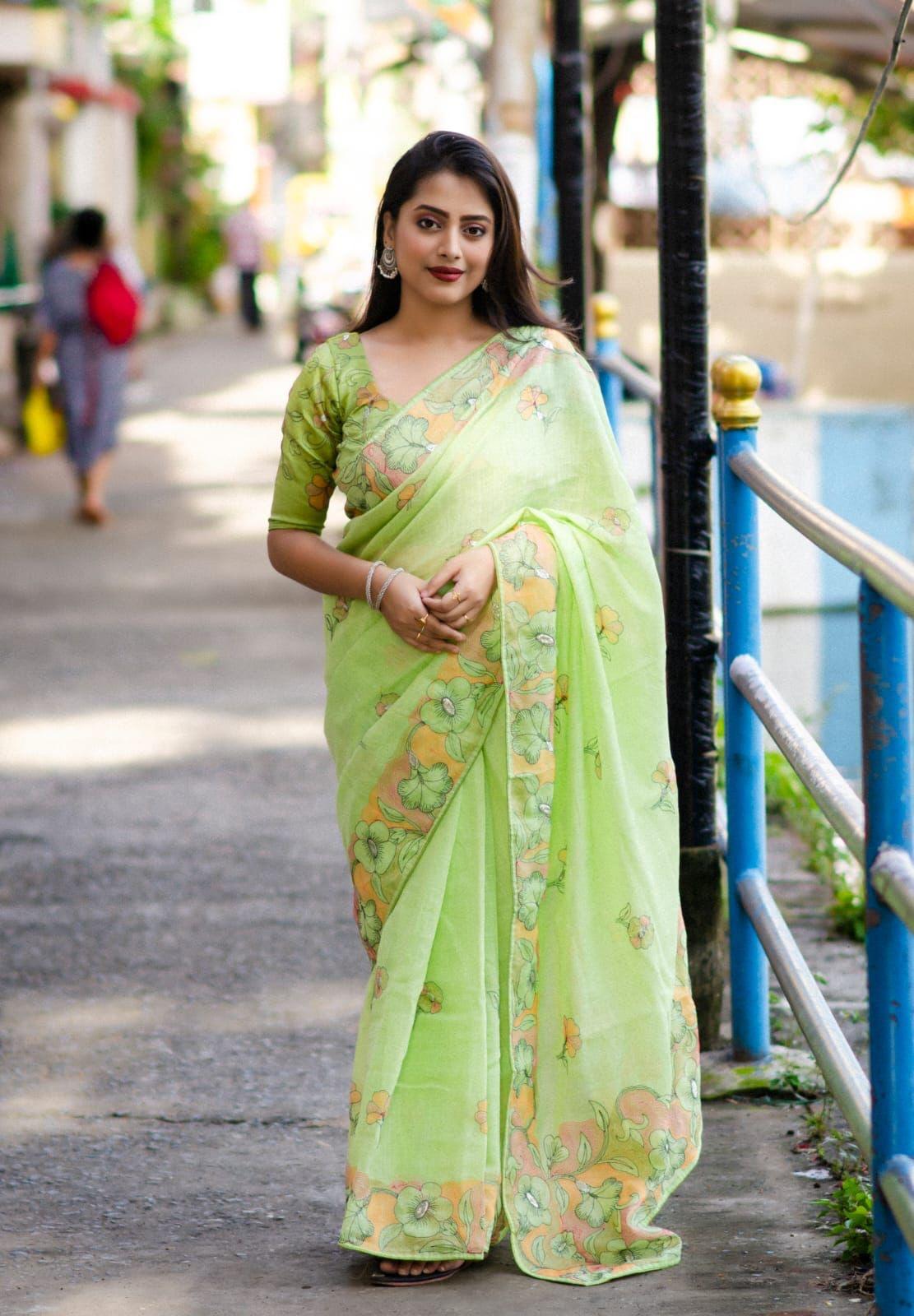 Green Pure Linen Ethnic Motifs Saree with Unstitched Blouse - A2M | Grocsy