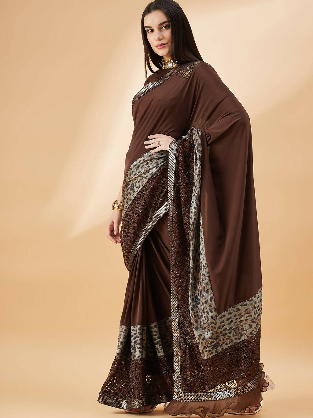 Brown Lycra Animal Print, Fancy Value Addition Fabric Saree - Norita Hit Design | Grocsy