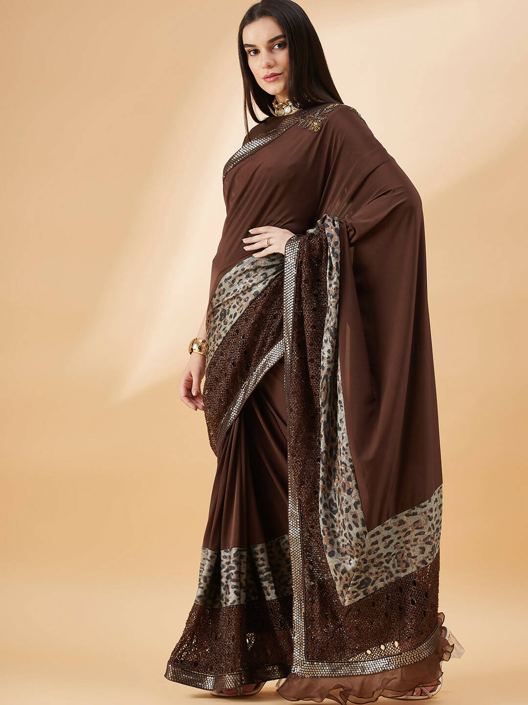Brown Lycra Animal Print, Fancy Value Addition Fabric Saree - Norita Hit Design | Grocsy