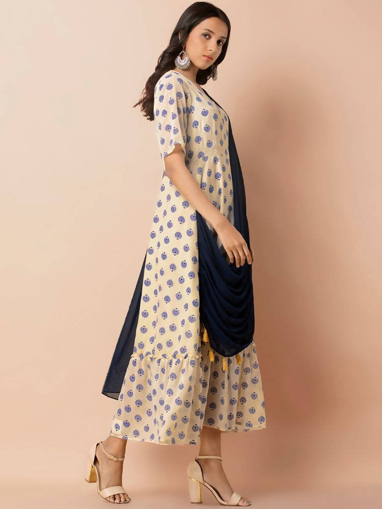 Indya Women White & Navy Blue Printed Maxi Dress With Attached Dupatta | Grocsy