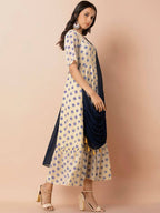Indya Women White & Navy Blue Printed Maxi Dress With Attached Dupatta | Grocsy