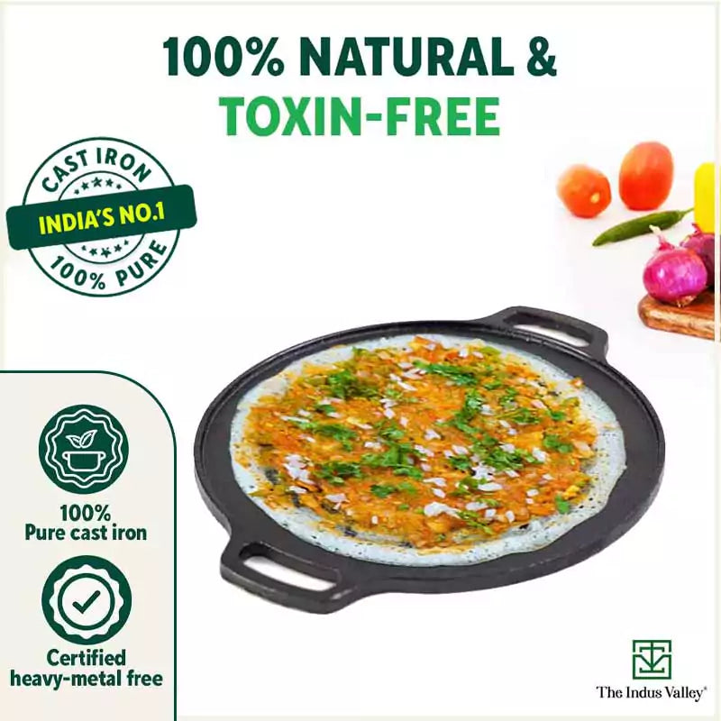 The Indus Valley CASTrong Cast Iron Roti/Dosa Tawa, Pre-seasoned, Nonstick, 100% Pure, Toxin-free, Gas & Induction,Spatula, 30.2cm, 2.4kg | Grocsy