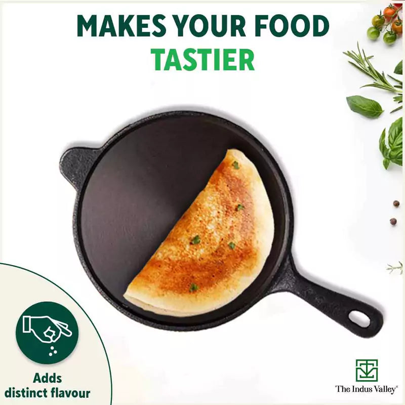 The Indus Valley Super Smooth Cast Iron Tawa, Long Handle,Pre-seasoned, Nonstick, 100% Pure, Toxin-free, Induction,Spatula, 25.4cm, 1.8kg | Grocsy