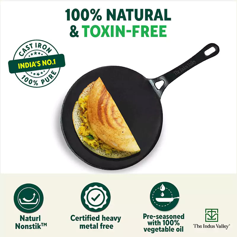 The Indus Valley CASTrong Cast Iron Concave Tawa, Pre-seasoned, Nonstick, 100% Pure, Toxin-free, Spatula, 25.4cm, 1.9kg | Grocsy