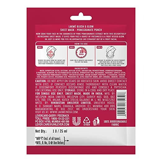 Lakme Blush & Glow Pomegranate Sheet Mask | Grocsy